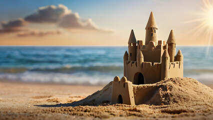 sand castle on background of sea, sunset sky. summer horizontal template for advertising with empty copy space. concept of sea travel and beach holidays