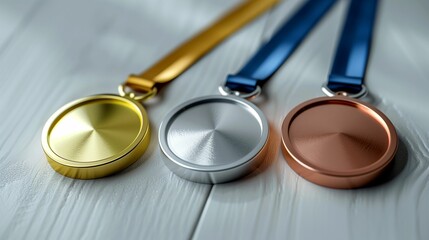 set of three round metal sports medals in silver, gold and copper.