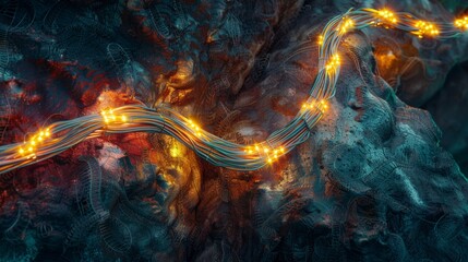 An artistic arrangement of coiled fiber optic cables with their ends glowing in against a textured background.