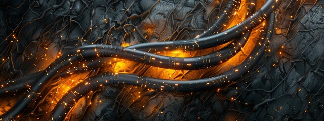 An artistic arrangement of coiled fiber optic cables with their ends glowing in against a textured background.