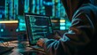 © antkevyv - Person in dark room seen typing on laptop with green text on screen with concept dns hijacking cyber security