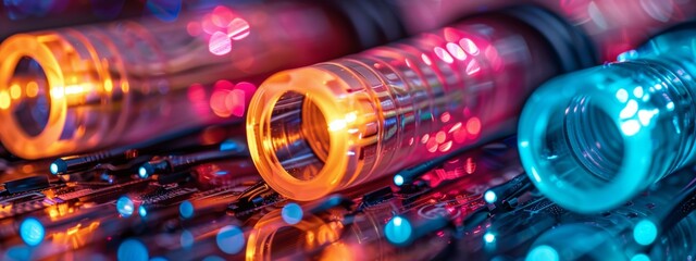 An artistic arrangement of coiled fiber optic cables with their ends glowing in against a textured background.