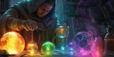 An alchemist, surrounded by glowing orbs of colored light, brews a potion of healing and transformation, using the four elements in perfect balance.