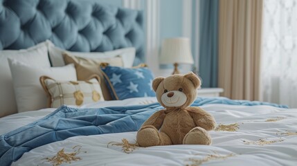 Wall Mural - Cozy bedroom with soft teddy bear on a neatly made bed with blue and white pillows creating a warm and inviting atmosphere