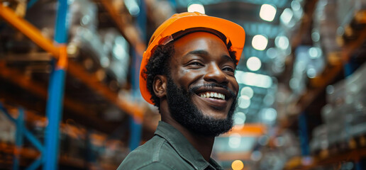 Wall Mural - Portrait of handsome young American male warehouse worker wearing hardhat and smiling while working in large warehouse