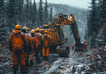 Workers are standing in line in the middle of snowy forest with large yellow excavator.