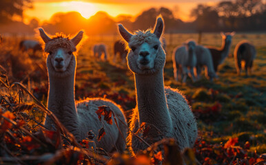 Wall Mural - Alpacas standing in field at sunset