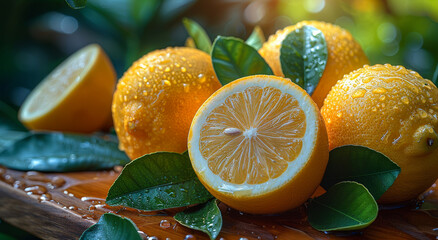 Wall Mural - Fresh oranges and lemons on wooden table
