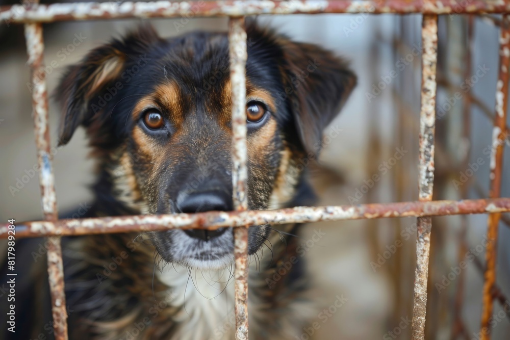 Stray homeless dog in animal shelter cage. Sad abandoned hungry dog ...