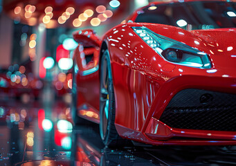 Wall Mural - Red luxury sports car parked in the garage with the lights on. Modern car exterior details.