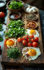 Wall Mural - Fried eggs and vegetables on wooden board