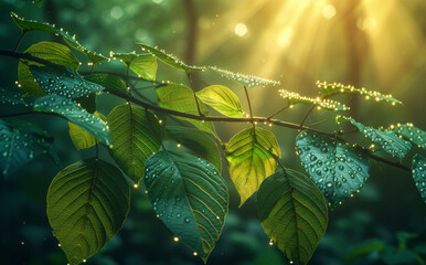 Wall Mural - Green leaves in the forest with dew drops at morning