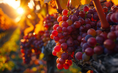 Wall Mural - Red grapes in vineyard at sunset