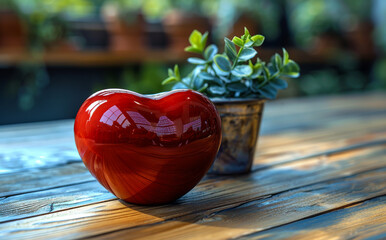 Red heart and plant on wooden table