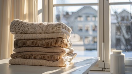 Cozy stack of knitted sweaters in various colors near a window creating a warm and inviting atmosphere perfect for a relaxing and comfortable setting at home.