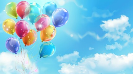 Wall Mural - Holiday balloons on blue sky background ,Bunch of colorful balloons flying in the blue sky,3D Rendering,a lot of multicolored balloons in a blue sky with clouds, Colorful Balloons flying in the sky 

