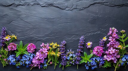 Wall Mural -  A group of flowers arranged in front of a black backdrop, surrounded by a stone background