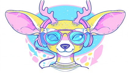 Wall Mural -   A dog wearing headphones and glasses with a deer's head wearing headphones on its ears