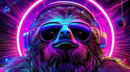 Wall Mural -   Close-up image of a human wearing headphones and sunglasses with a sloth face wearing headphones