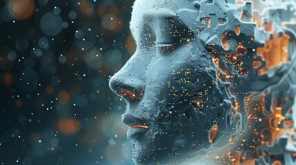 Fototapete - Embark on a journey of discovery with this abstract digital human face, a symbol of the advancements in artificial intelligence. Reflect on the implications of big data or cyber. Generative AI.