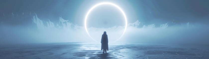 Wall Mural - A person stands in front of a large circle in the sky