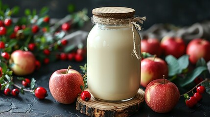 Poster -   A bottle of milk sits atop a wooden table, surrounded by apples and holly leaves on a black background