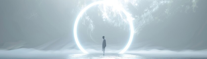 Wall Mural - A person stands in front of a large, glowing circle