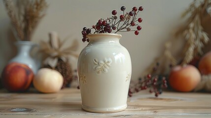 Poster -   A white vase sits atop a wooden table, surrounded by various smaller vases in varying shapes and sizes