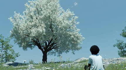 Wall Mural -   A boy stands before a tree in a flower-filled meadow, beneath a sky's vast expanse