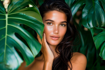 Wall Mural - A woman with long dark hair is posing in front of a large green leafy plant