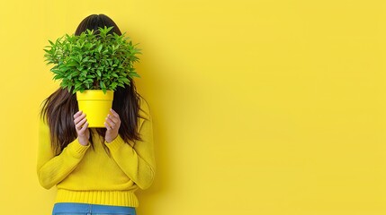 Sticker -   A woman in front of a yellow background holds a potted plant in one hand and covers her face with the other, obstructing her view