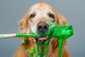 Wall Mural - A dog is holding a green paintbrush in its mouth