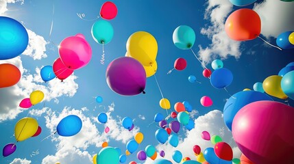 Wall Mural - Many colored balloons float in the sky,Colorful birthday party balloons flying on blue sky background ,Balloon Lifting Off Aspiration and Freedom Isolated on White Background
