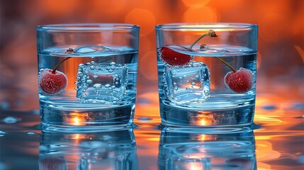   A macro photo of two glasses of water with a cherry on top and one submerged inside