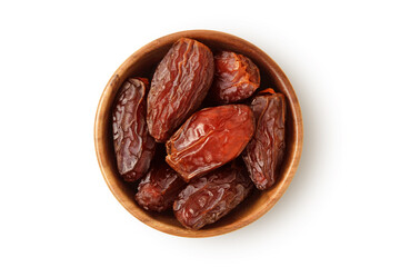 Wall Mural - Dried dates in wooden bowl on white background