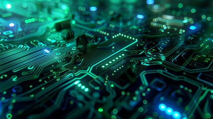 Wall Mural - futuristic glowing green & blue circuit board wallpaper for tech backgrounds.