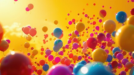 Wall Mural - Many colorful balloons in yellow sky, Multicolored balloons background, Full frame, Selective focus, Bright balloons on color background, Celebration time ,Colorful balloons Birthday party
