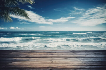 Wall Mural - A wooden deck extends over the ocean with views of palm trees in the background