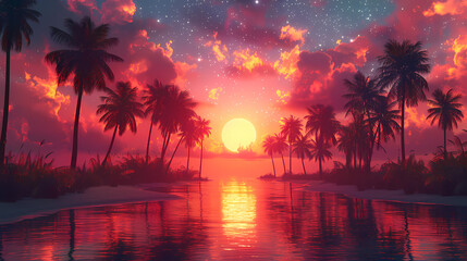Wall Mural - 3d illustration silhouette of palm trees on a colorful, star filled sky background with the sun