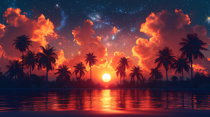 3d illustration silhouette of palm trees on a colorful, star filled sky background with the sun