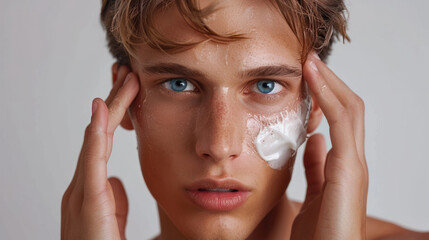 Young man with a facial cream dab on cheek