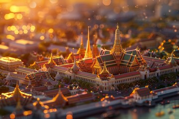 Wall Mural - A cityscape with a large palace and the temple. The palace is surrounded by smaller buildings on bokeh style background