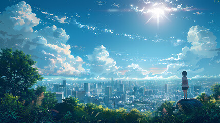 Wall Mural - Anime girl sitting on the roof of a multi-story building, anime wallpaper, PC wallpaper 