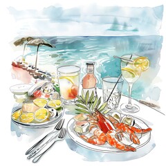 Exquisite seafood platter with lobster, shrimp, and oysters, served with champagne and lemon wedges on a table overlooking the beach.