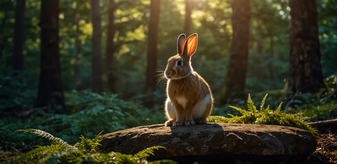 A Cute Jungle Rabbit Standing on a Rock in a Wild Forest.
