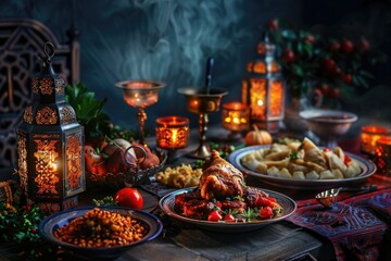 Wall Mural - Eid alFitr, the festival of breaking the fast, composition with traditional dishes and lanterns on table, realistic photo shoot