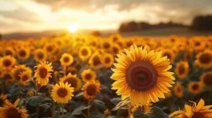 Wall Mural - A field of blooming sunflowers turning towards the sun.