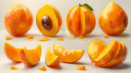 Wall Mural - Mango Mangoes fruit, many angles and view side top front sliced halved group cut isolated on transparent background cutout, PNG file. Mockup template for artwork graphic design