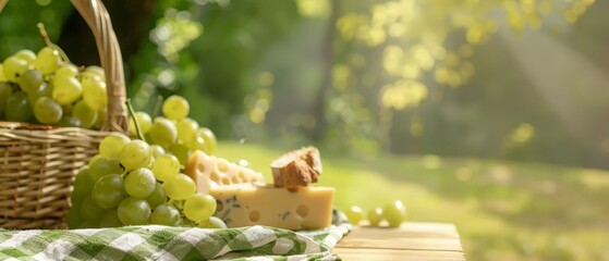 Delicious picnic lunch with grapes and cheese in a wicker basket on a wooden table