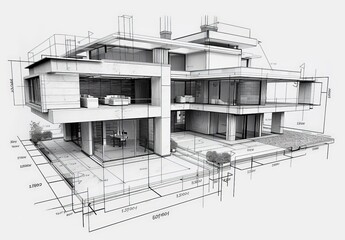 Aufkleber - Wireframe rendering of a contemporary house with technical details
